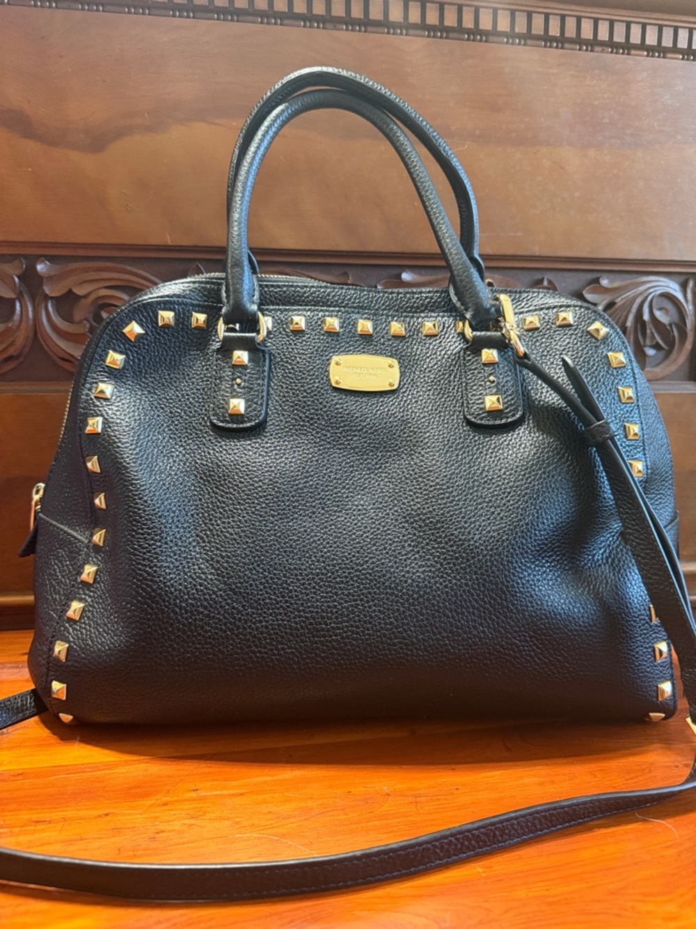 Michael Kors Sandrine Studded Satchel. In Black Saffiano Leather Gold Hardware